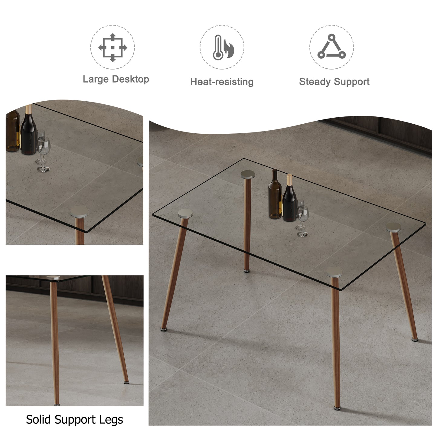 Melysen Table and Chair Set. 1 Table+4 Chairs. Glass Dining Table with 0.31"Tempered Glass Tabletop and Wood Color Metal Legs. Transparent Dining Chair without Armrests, Crystal Chair