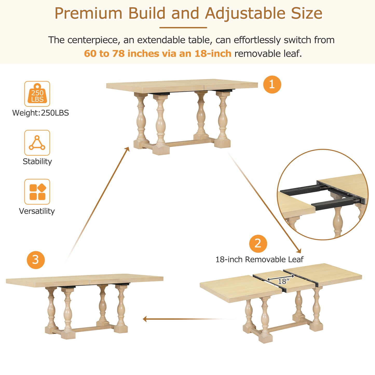 Melysen Traditional 6-Piece 78inch Trestle Extendable Dining Table Set with One 18inch Removable Leaf, Padded Dining Chairs and Bench