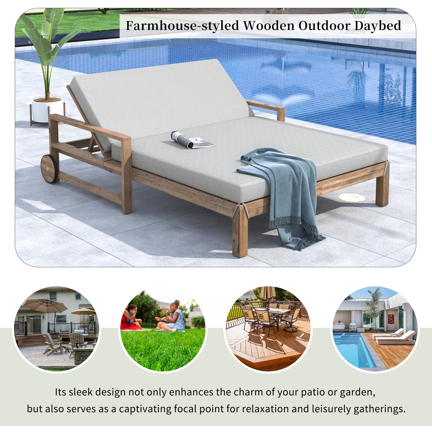 Melysen 1-Piece Farmhouse-styled Wooden Outdoor Sunbed for Ultimate Relaxation Outdoor Daybed Seating 2 People for Poolside, Garden and Backyard (Grey)