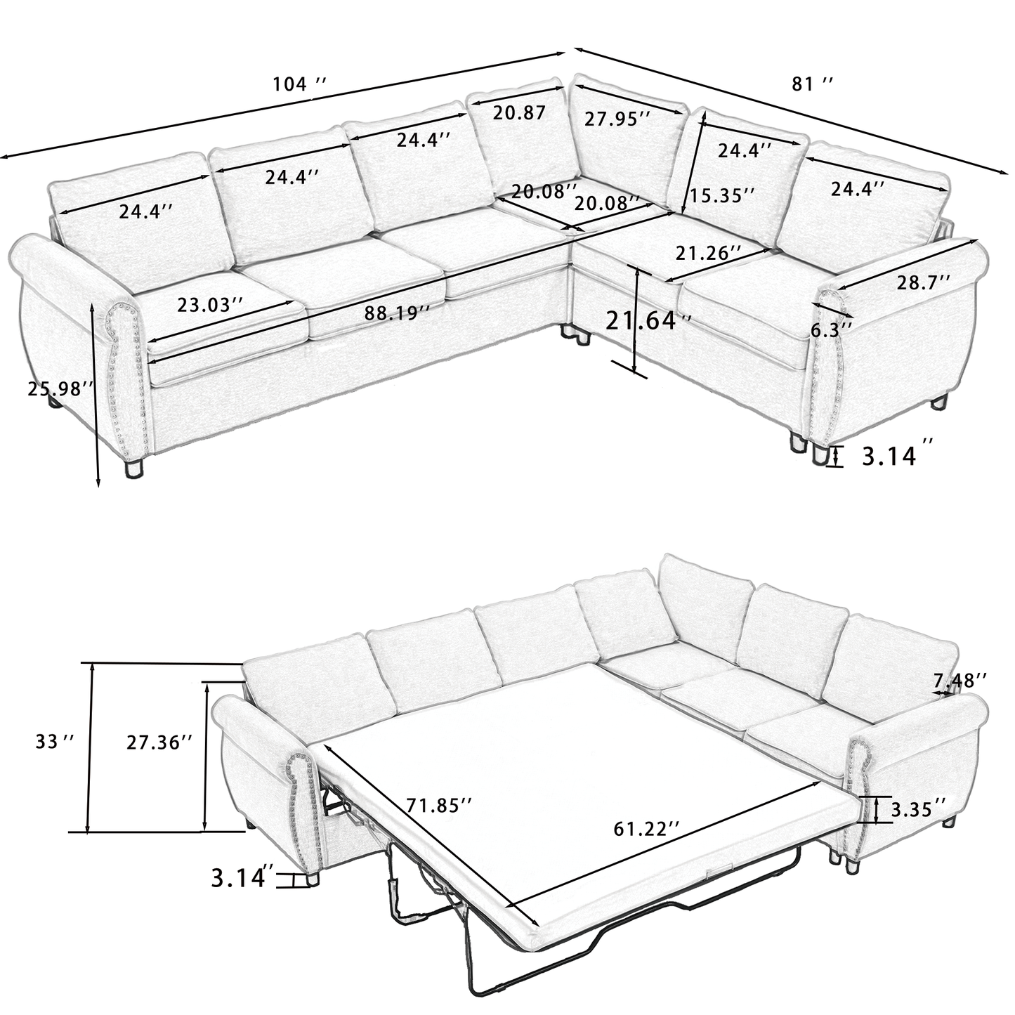 Melysen Sleeper Sofa,2 in 1 Pull Out Couch Bed,6 seater sofa bed,L Shaped Sleeper Sectional Sofa Couch,Riveted sofa,104" Large combined sofa Bed in living room