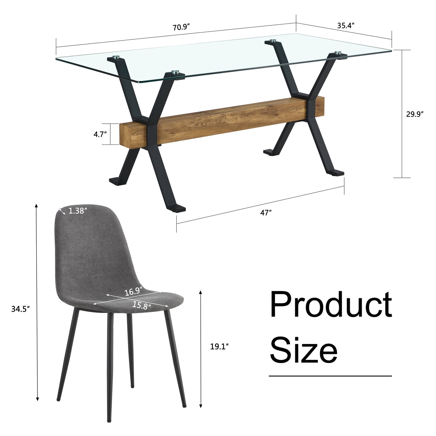 Melysen Dining Table. Modern Tempered Glass Dining Table. Large Modern office Desk with Black Metal Legs and Mdf Crossbars, Suitable For Home and office Use. 4 High-End Cushioned Seats