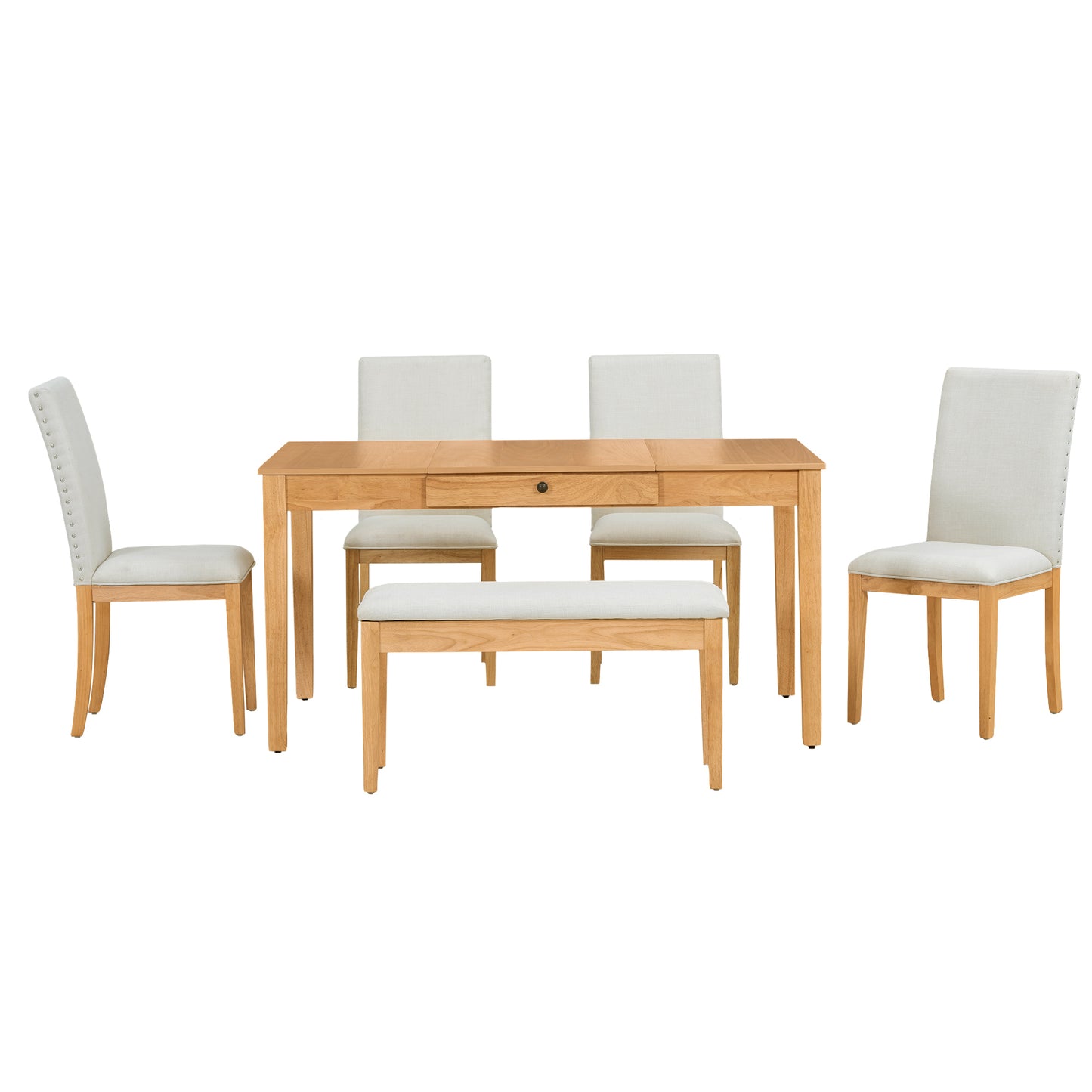 Melysen Farmhouse 6-Piece Dining Table Set with Storage Table, Kitchen Table Set with Drawer, Storable Bench and Upholstered Dining Chairs