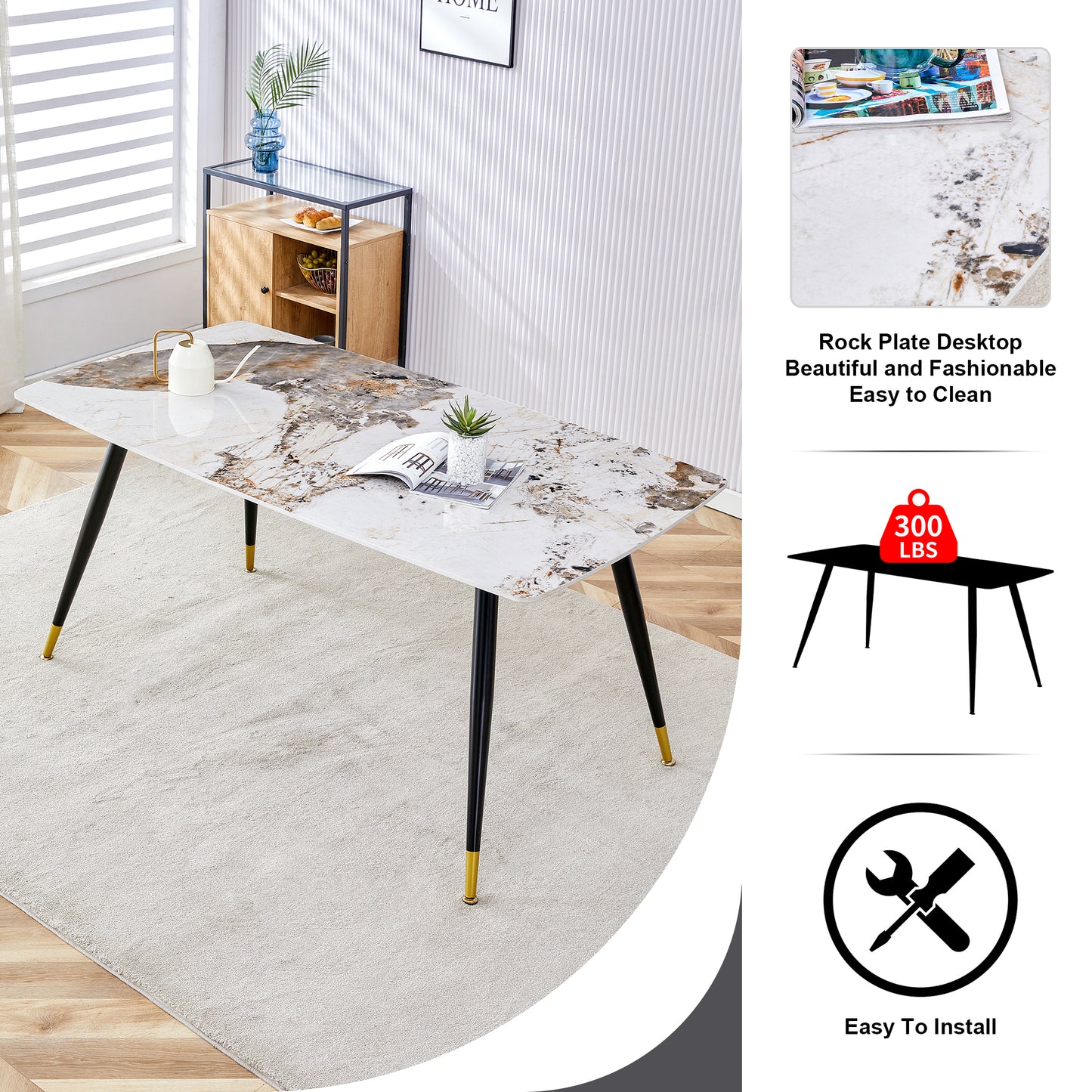 Melysen Modern Minimalist Dining Table. Imitation Marble Patterned Stone Burning Tabletop with Black Metal Legs.Modern Dining Chair with Pu Artificial Leather Backrest Cushion and Black Metal Legs.010