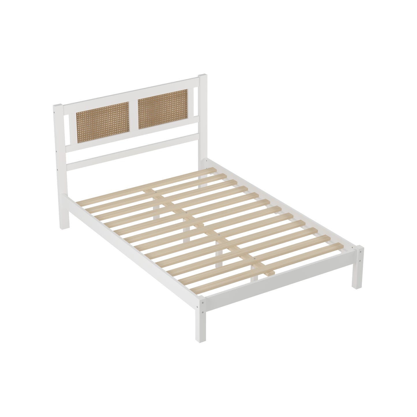 Melysen Full Size Wooden Platform Bed with Natural Rattan Headboard, Exquisite Elegance with Minimalist Charm for Bedroom