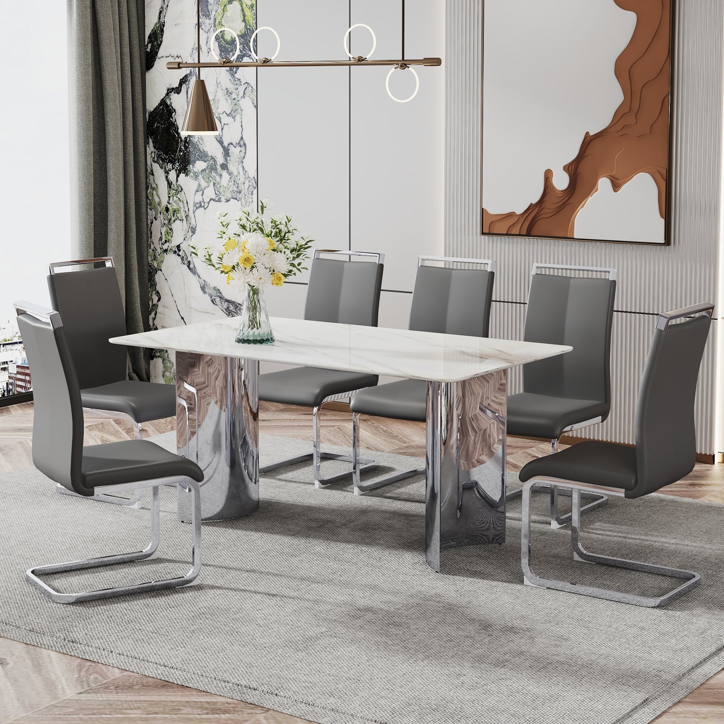 Melysen Modern Minimalist Dining Table. Imitation Marble Glass Sticker Desktop, Stainless Steel Legs, Stable and Beautiful. 6 Premium Pu Seats. 63" * 35.4" * 29.5"004