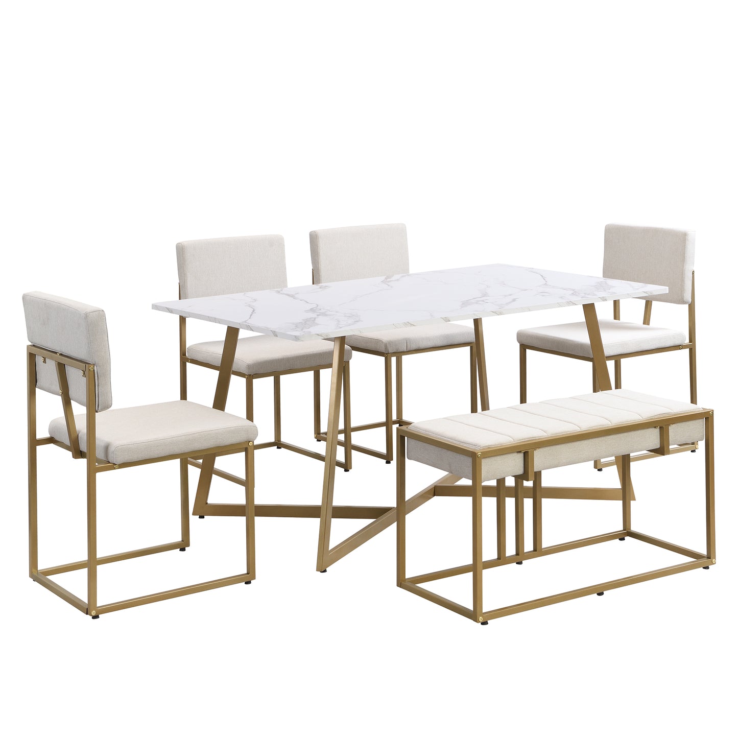 Melysen Modern Faux Marble 6-Piece Dining Table Set,60inch Metal Kitchen Table Set with Upholstered Dining Chairs and Bench