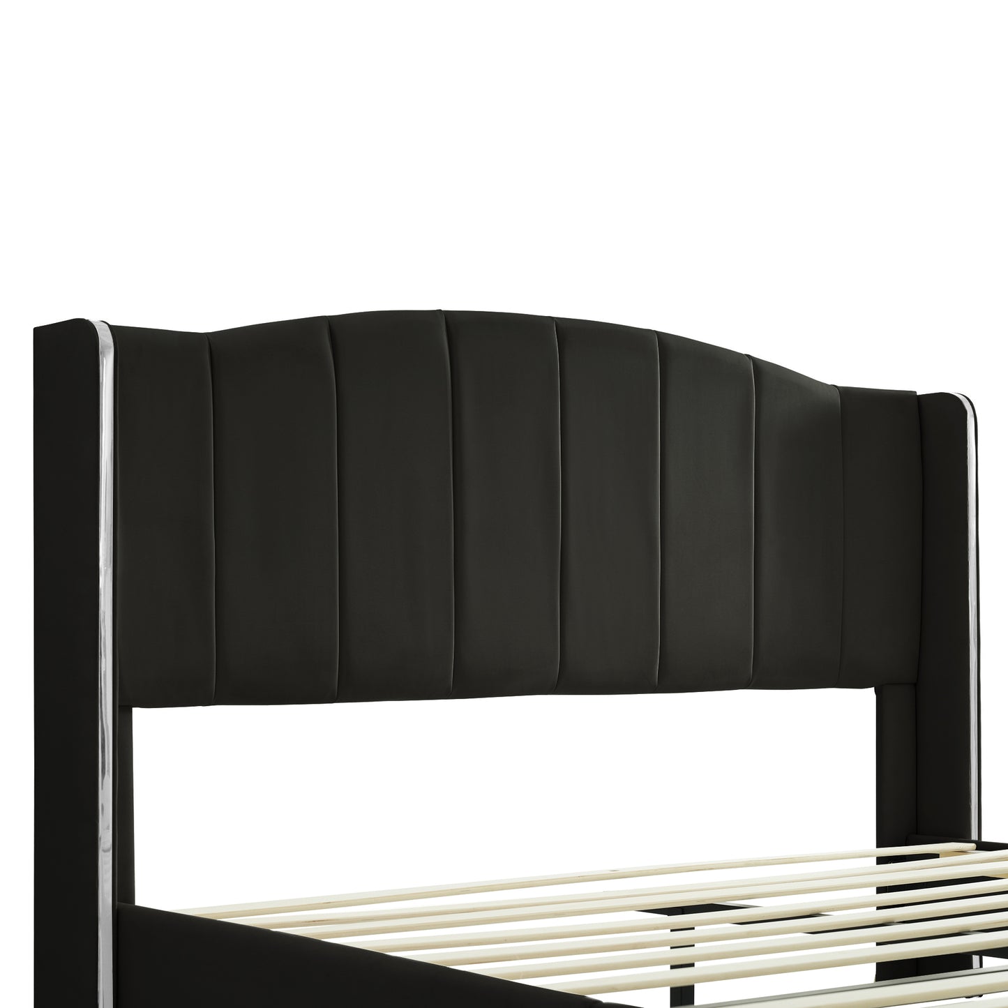 Melysen Queen Size PU Leather Upholstered Platform Bed, Headboard with Wingback and Metal Bar Accents