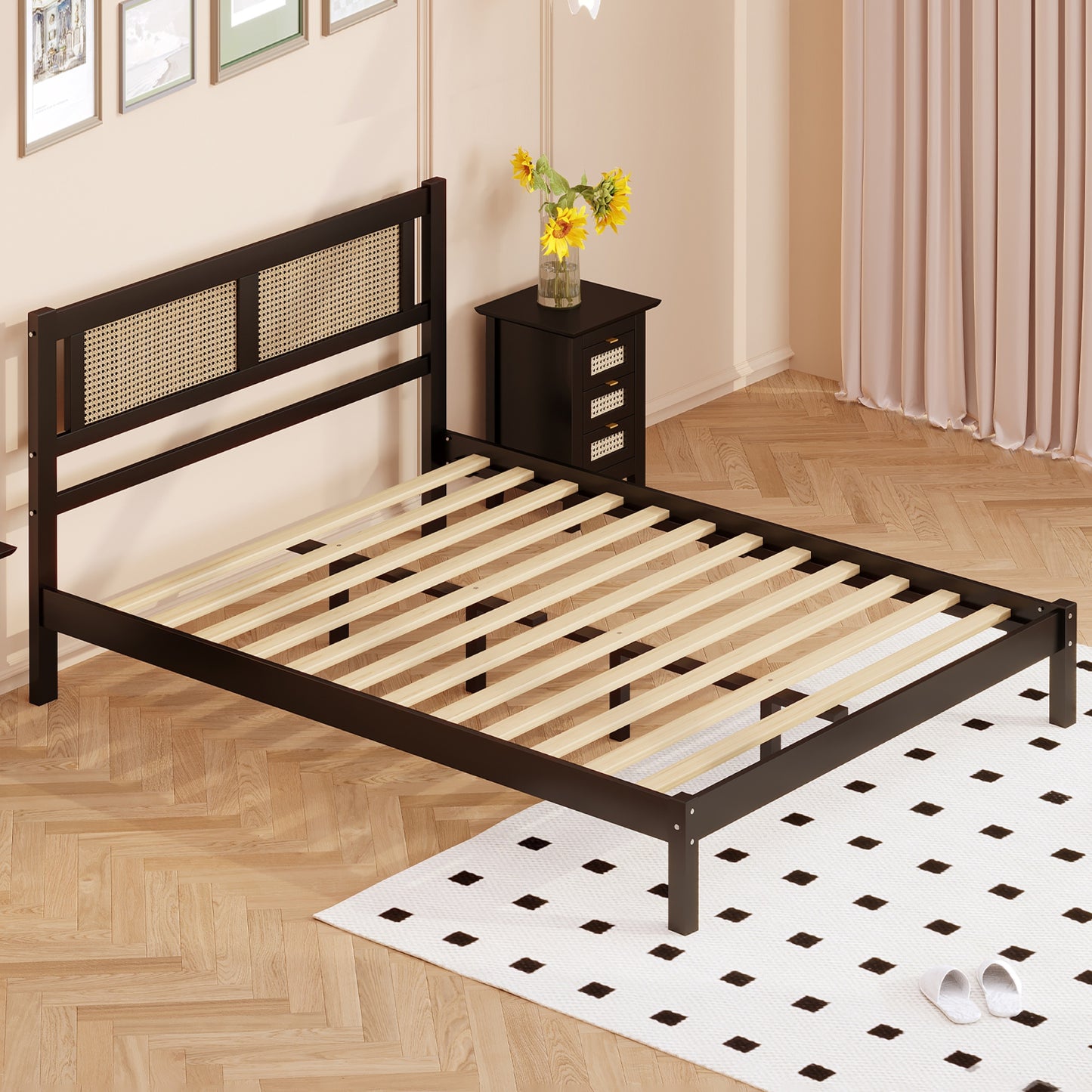 Melysen Queen Size Wood Platform Bed with Natural Rattan Headboard,Exquisite Elegance with Minimalist Charm for Bedroom