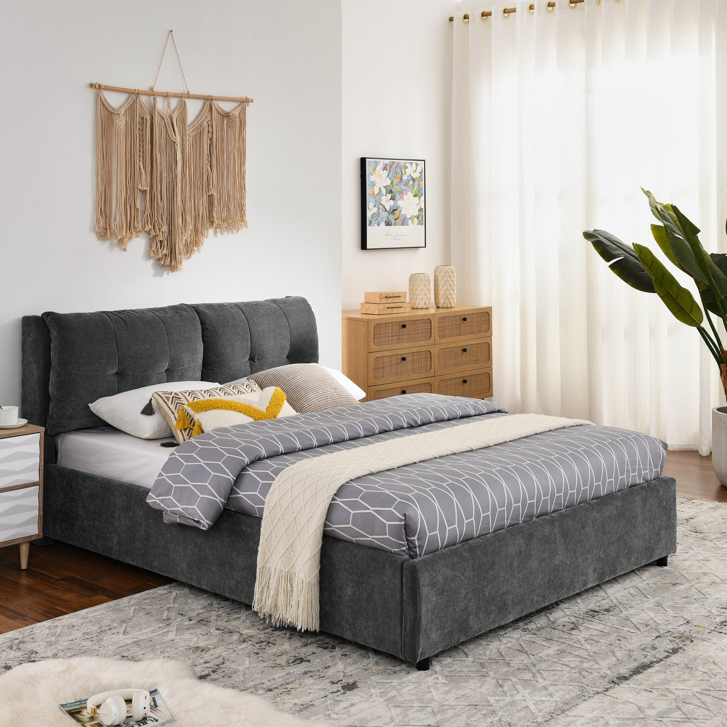 Melysen Queen Size Storage Upholstered Hydraulic Platform Bed with Integrated Headboard, Chenille Fabric