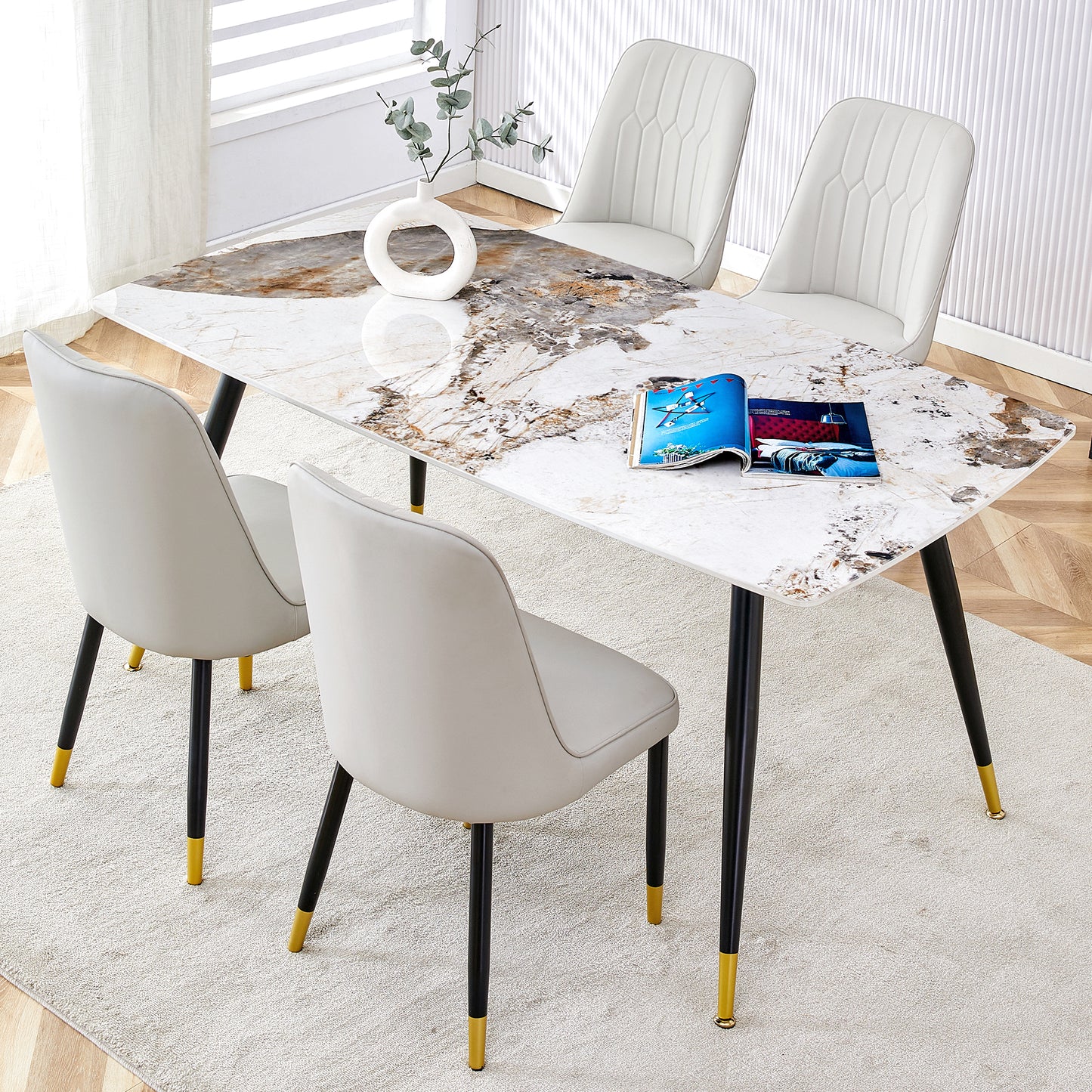 Melysen Modern Minimalist Dining Table. Imitation Marble Patterned Stone Burning Tabletop with Black Metal Legs.Modern Dining Chair with Pu Artificial Leather Backrest Cushion and Black Metal Legs.007