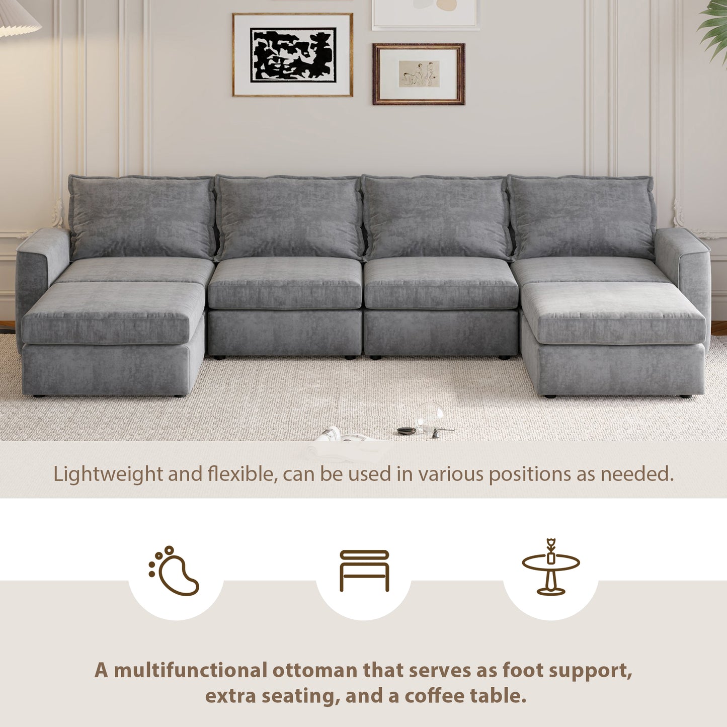 Melysen 115*58" Chenille Modular Sectional Sofa,U Shaped Reversible Couch,Free Combination,6 Seat Sleeper Sofa Bed with Ottoman,Convertible Oversized Indoor Furniture for Living Room,Gray