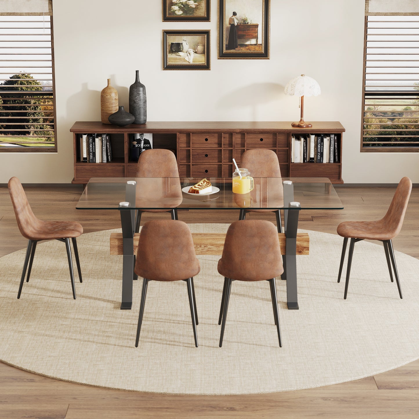 Melysen Dining Table. Modern Tempered Glass Dining Table. Large Modern office Desk with Black Metal Legs and Mdf Crossbars, Suitable For Home and office Use. 6 High-End Cushioned Seats