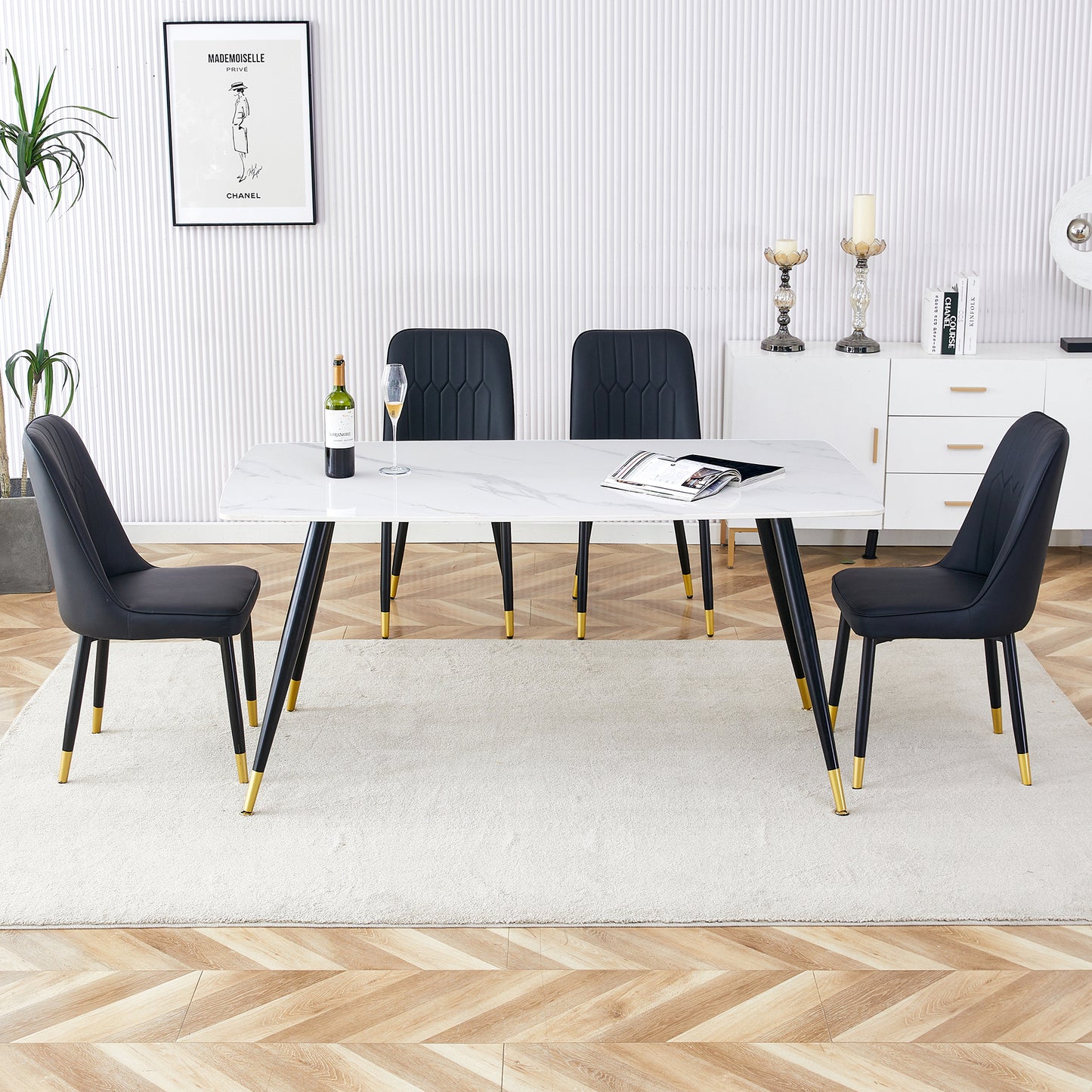 Melysen Modern Minimalist Dining Table. White Imitation Marble Pattern Sintered Stone Desktop with Black Metal Legs.Modern Dining Chair with Pu Artificial Leather Backrest Cushion and Black Metal Legs.001