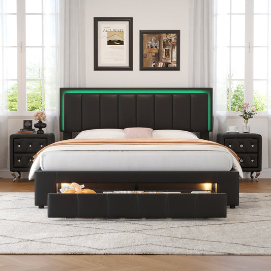 Melysen 3-Pieces Bedroom Sets,Queen Size Upholstered Bed with LED Lights and Two Motion Activated Night Lights,PU Nightstand with 2 Drawers and Crystal Handle