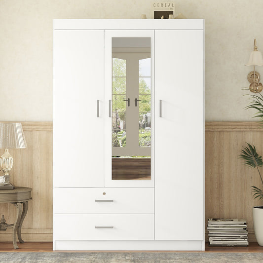 Melysen 3-Door Mirror Wardrobe with shelves, White