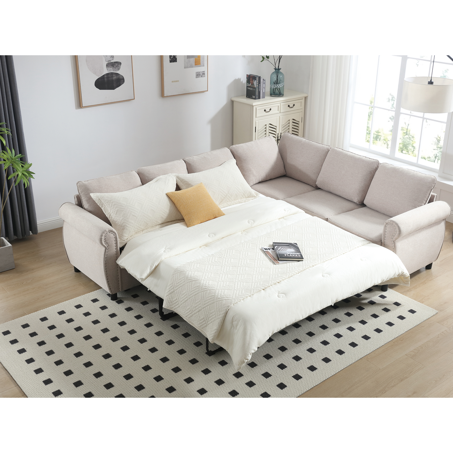 Melysen Sleeper Sofa,2 in 1 Pull Out Couch Bed,6 seater sofa bed,L Shaped Sleeper Sectional Sofa Couch,Riveted sofa,104" Large combined sofa Bed in living room