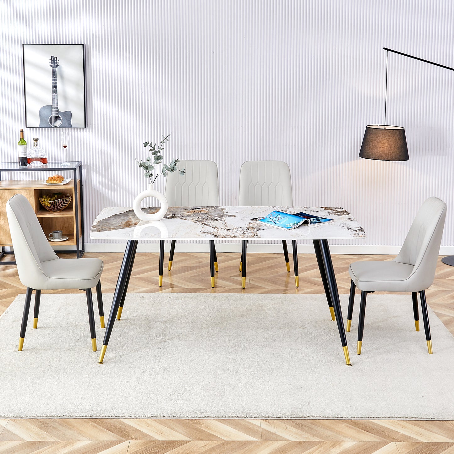 Melysen Modern Minimalist Dining Table. Imitation Marble Patterned Stone Burning Tabletop with Black Metal Legs.Modern Dining Chair with Pu Artificial Leather Backrest Cushion and Black Metal Legs.007