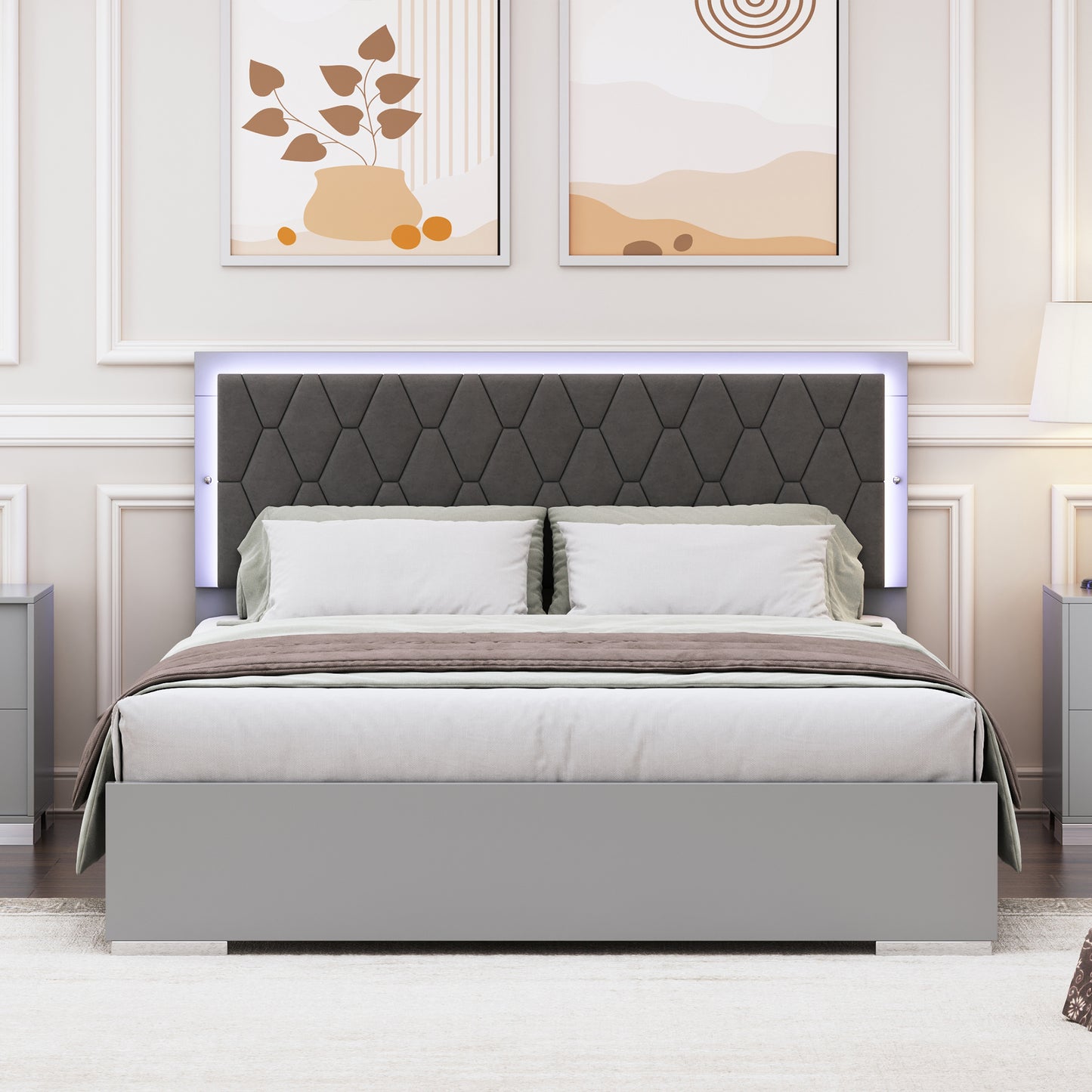 Melysen Queen Size Upholstered Bed with LED Light,Modern Platform Bed with with Velvet Headboard