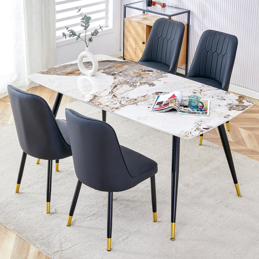 Melysen Modern Minimalist Dining Table. Imitation Marble Patterned Stone Burning Tabletop with Black Metal Legs.Modern Dining Chair with Pu Artificial Leather Backrest Cushion and Black Metal Legs.006