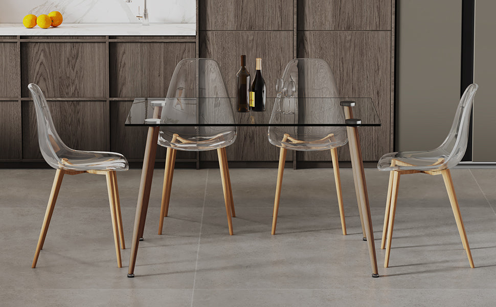 Melysen Table and Chair Set. 1 Table+4 Chairs. Glass Dining Table with 0.31"Tempered Glass Tabletop and Wood Color Metal Legs. Transparent Dining Chair without Armrests, Crystal Chair