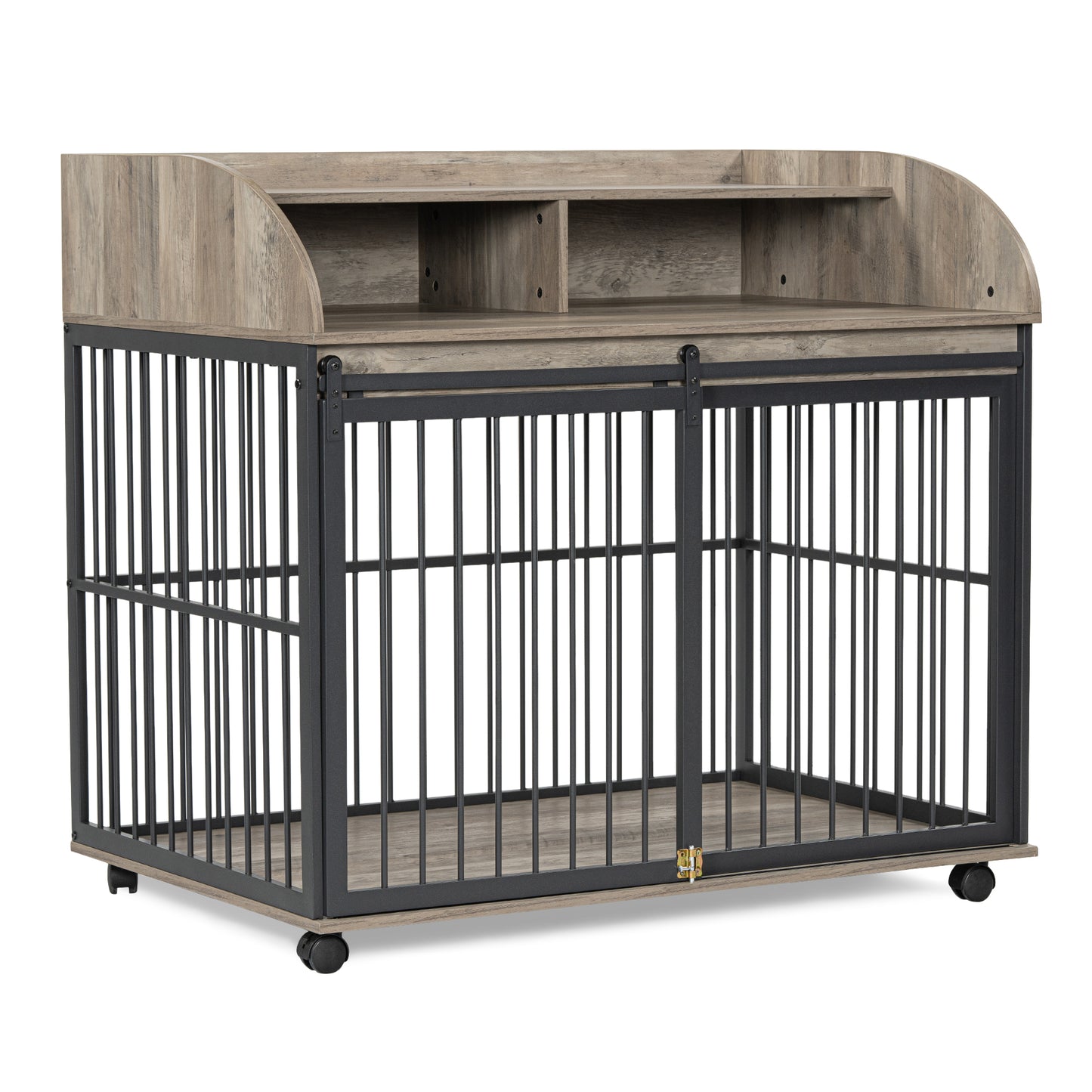 Melysen 44'' Heavy Duty Large Dog Crate Furniture for Large Medium Dog with Lockable Wheels, Wooden Dog Crate Dog Kennel, End Table Crate with Double layer storage, Gray