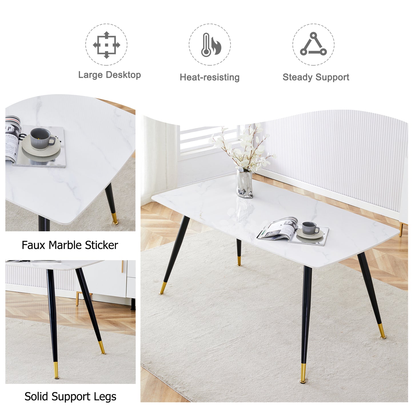 Melysen Modern Minimalist Dining Table. White Imitation Marble Pattern Sintered Stone Desktop with Black Metal Legs.Modern Dining Chair with Pu Artificial Leather Backrest Cushion and Black Metal Legs.001