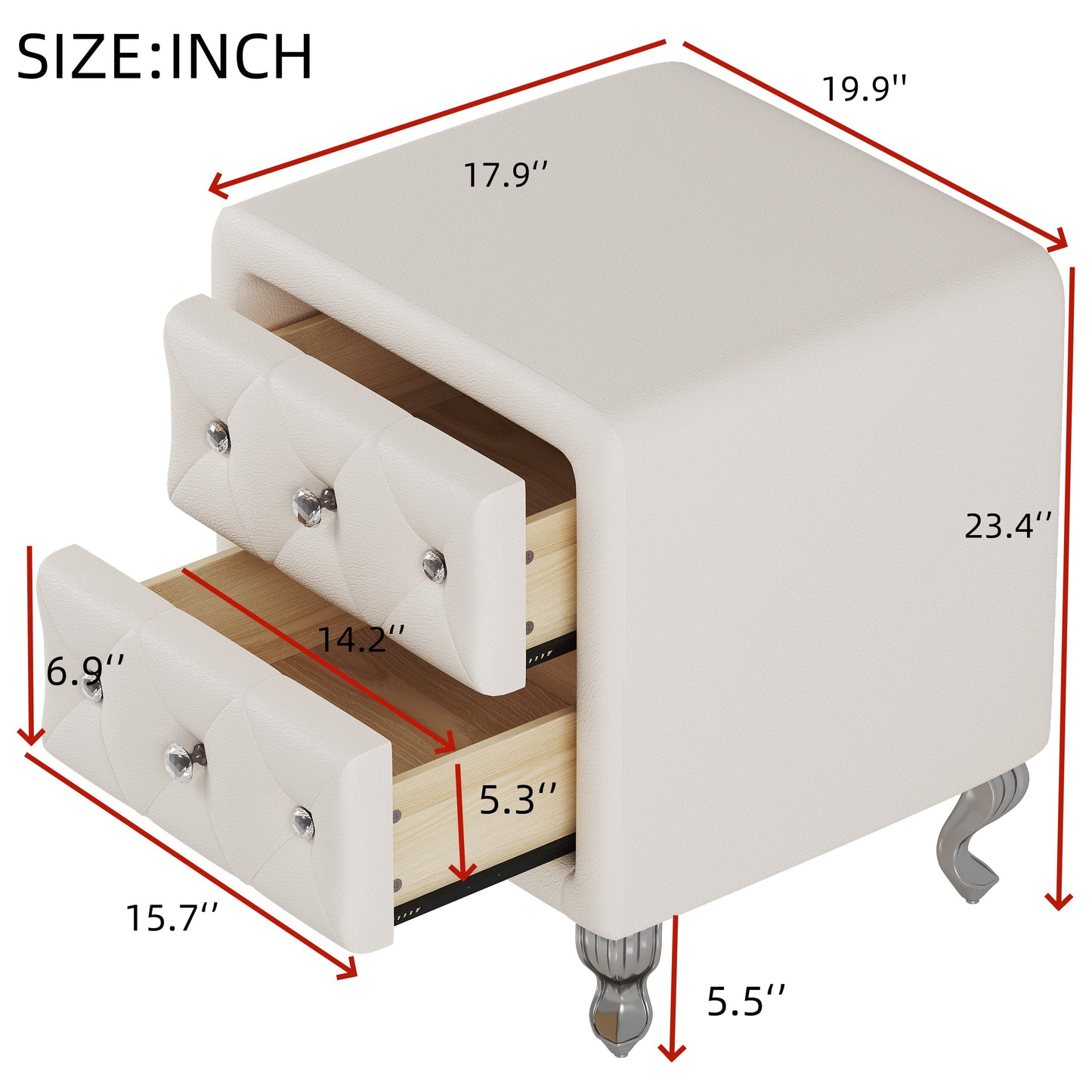 Melysen Elegant PU Nightstand with 2 Drawers and Crystal Handle,Fully Assembled Except Legs&Handles,Storage Bedside Table with Metal Legs,White