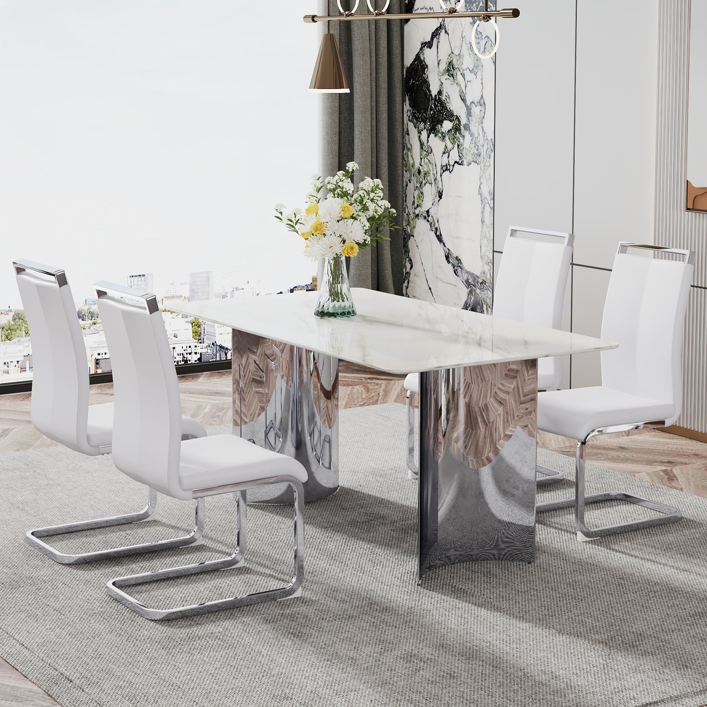 Melysen Modern Minimalist Dining Table. Imitation Marble Glass Sticker Desktop, Stainless Steel Legs, Stable and Beautiful. 4 White Pu Seats. 63"* 35.4" * 29.5"