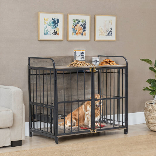 Melysen 39'' Indoor Metal Dog Crate with Double Doors, Wooden Side End Table Crate, Dog Crate Furniture with Adjustable Feeder Stand, for Medium Dog, Gray