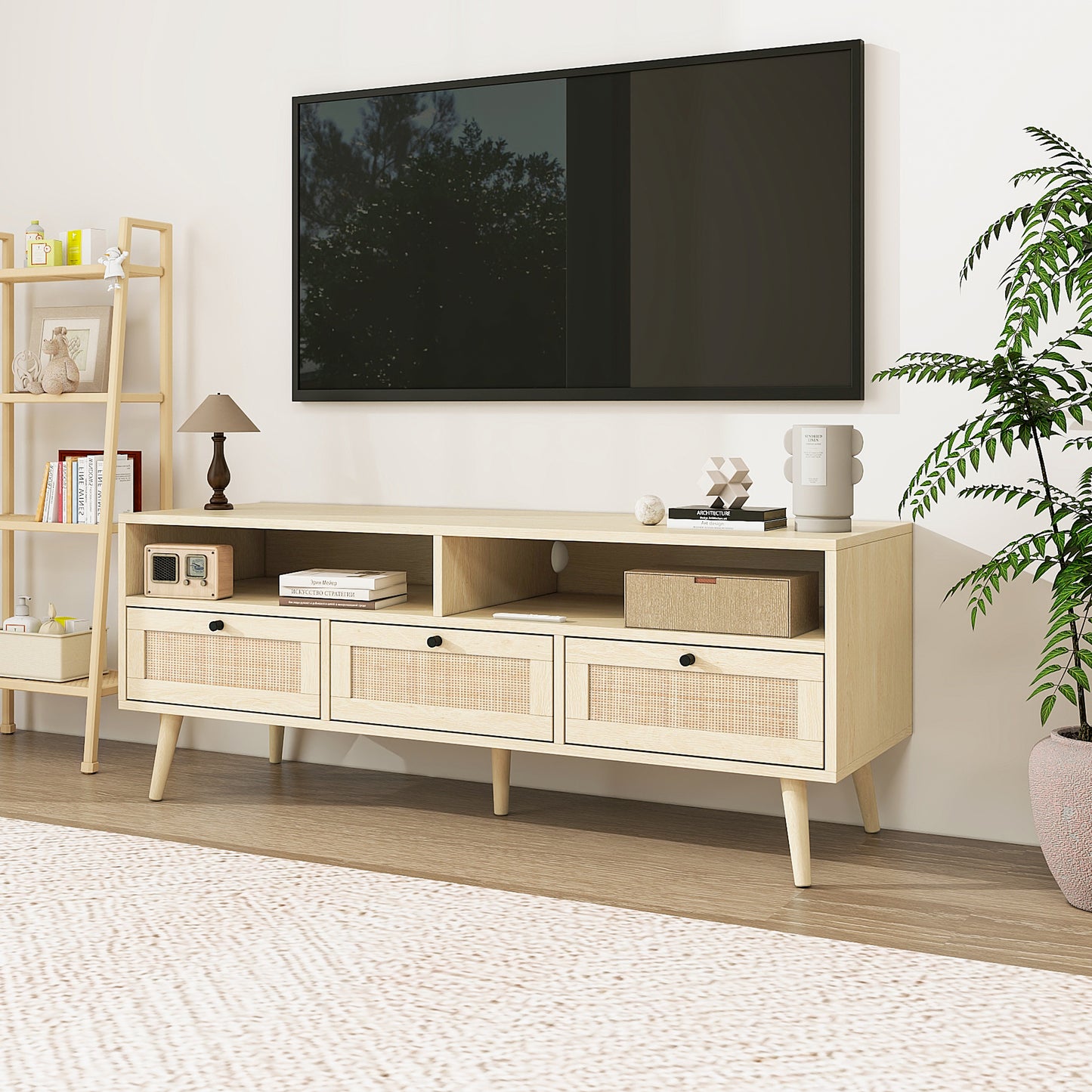 Melysen Rattan TV Stand with Solid Wood Feet, TV Console Table for Living Room, Natural