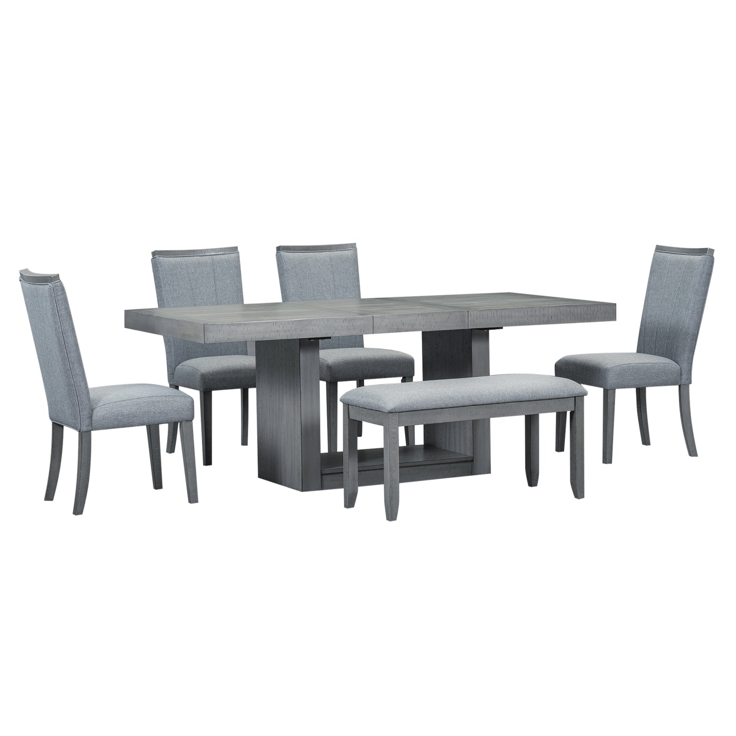 Melysen Contemporary 6-Piece 78inch Extendable Pedestal Dining Table Set with 18inch Removable Leaf and Dining Bench, 4 Upholstered Dining Chairs,Gray