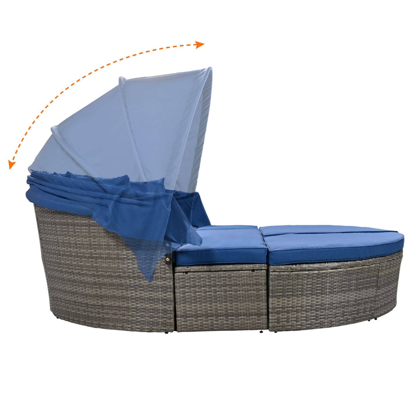 Melysen Outdoor rattan daybed sunbed with Retractable Canopy Wicker Furniture, Round Outdoor Sectional Sofa Set, Gray Wicker Furniture Clamshell Seating with Washable Cushions, Backyard, Porch, Blue