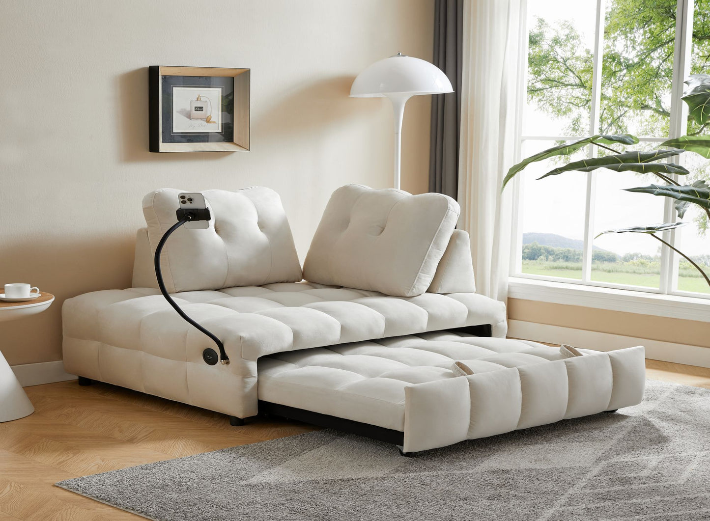 Melysen Modern sofa velvet pull-out bed,Independently removable backrest£¬have USB port and swivel phone stand