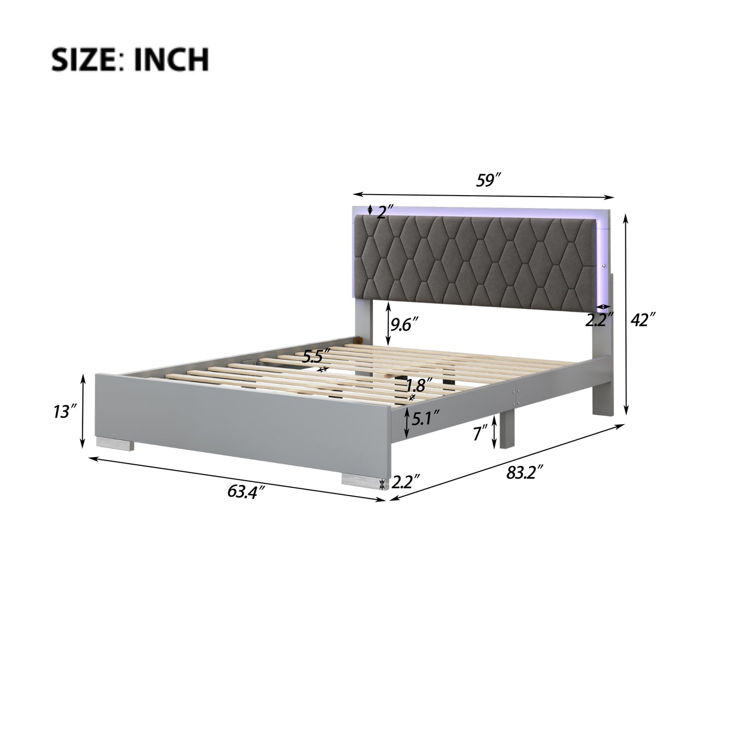 Melysen Queen Size Upholstered Bed with LED Light,Modern Platform Bed with with Velvet Headboard