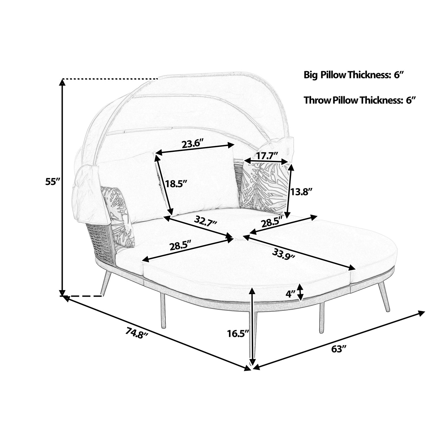 Melysen 74.8" L Patio Daybed with Retractable Canopy, Outdoor Rattan PE Wicker Back Loveseat Sofa Set with Throw Pillows and Cushions for Backyard, Poolside, Garden