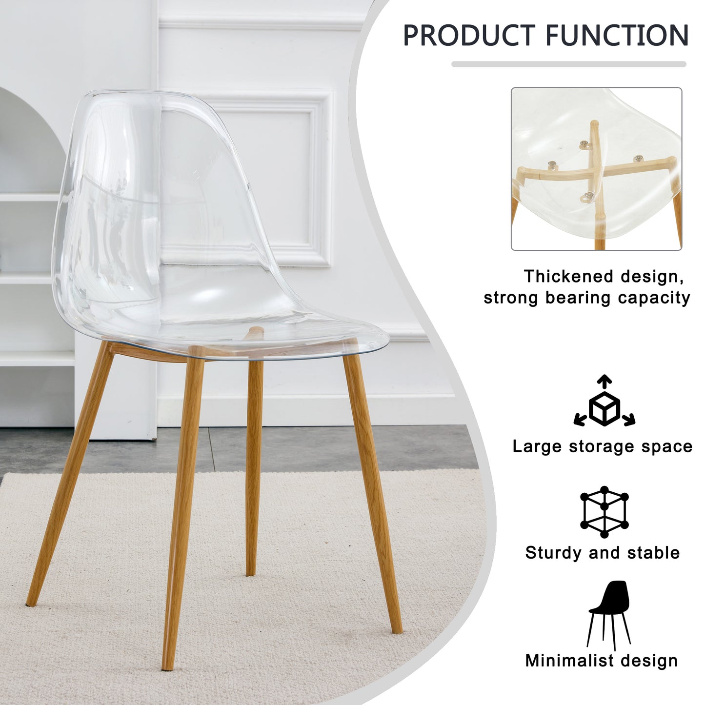 Melysen Table and Chair Set. 1 Table+4 Chairs. Glass Dining Table with 0.31"Tempered Glass Tabletop and Wood Color Metal Legs. Transparent Dining Chair without Armrests, Crystal Chair