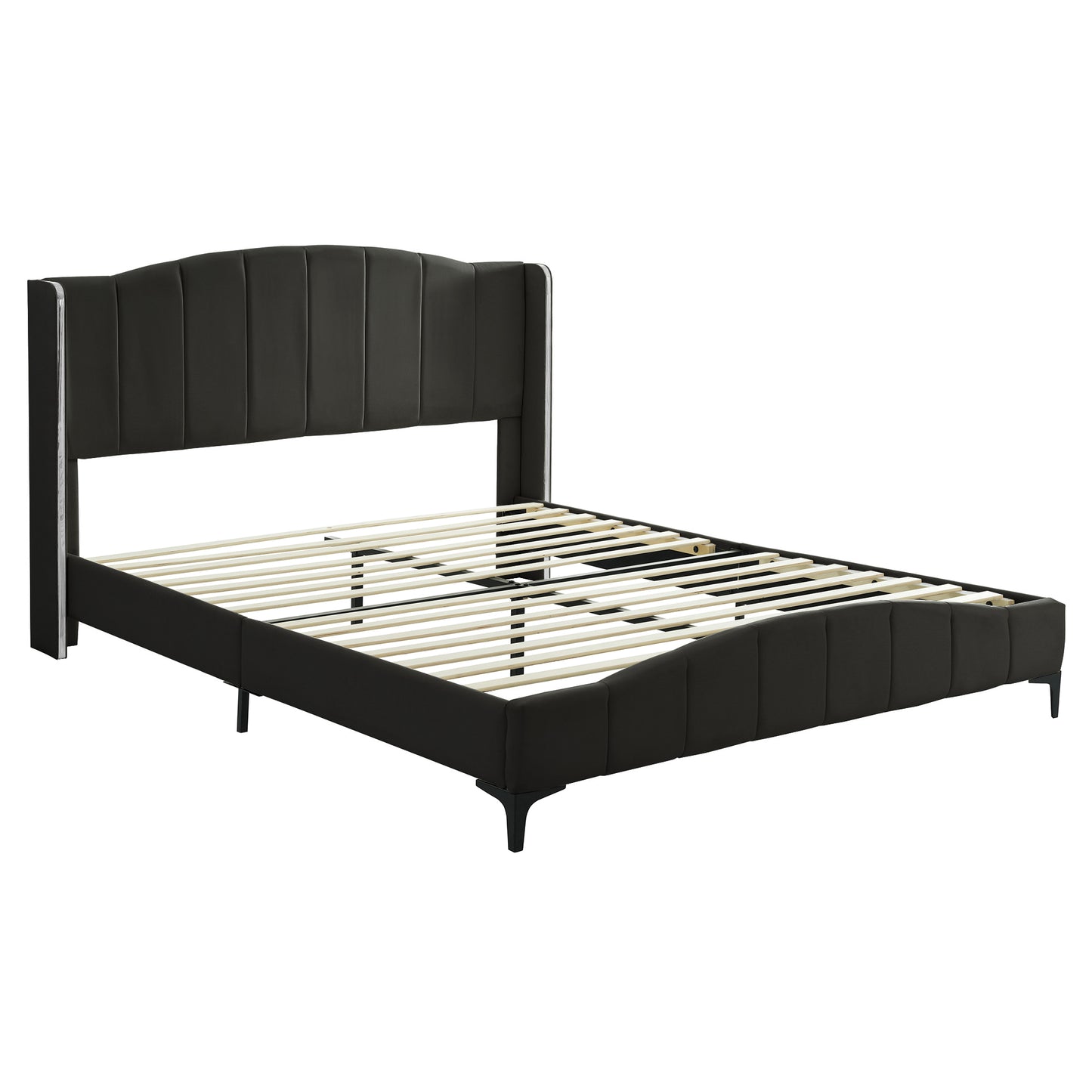 Melysen Queen Size PU Leather Upholstered Platform Bed, Headboard with Wingback and Metal Bar Accents