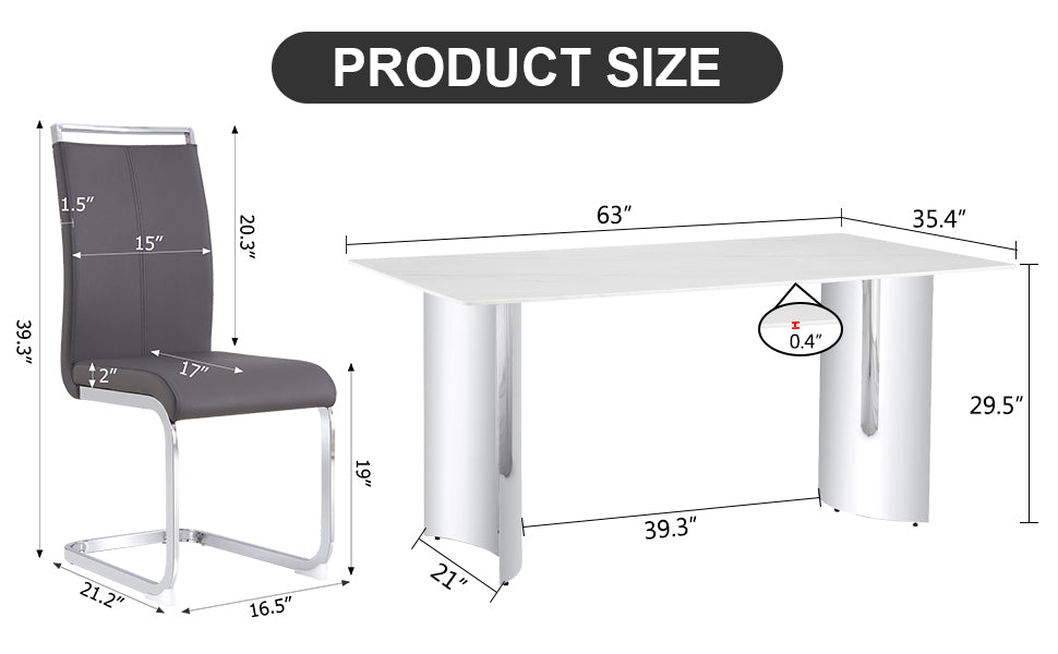 Melysen Modern Minimalist Dining Table. Imitation Marble Glass Sticker Desktop, Stainless Steel Legs, Stable and Beautiful. 6 Premium Pu Seats. 63" * 35.4" * 29.5"004