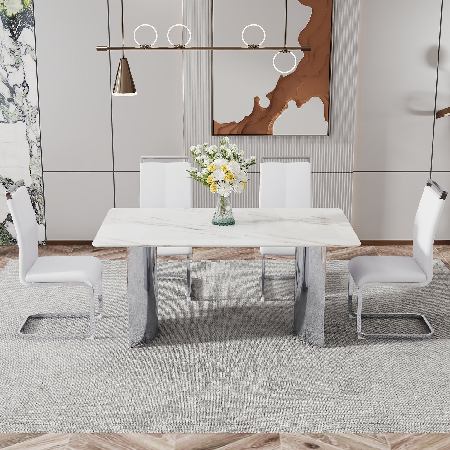 Melysen Modern Minimalist Dining Table. Imitation Marble Glass Sticker Desktop, Stainless Steel Legs, Stable and Beautiful. 4 White Pu Seats. 63"* 35.4" * 29.5"