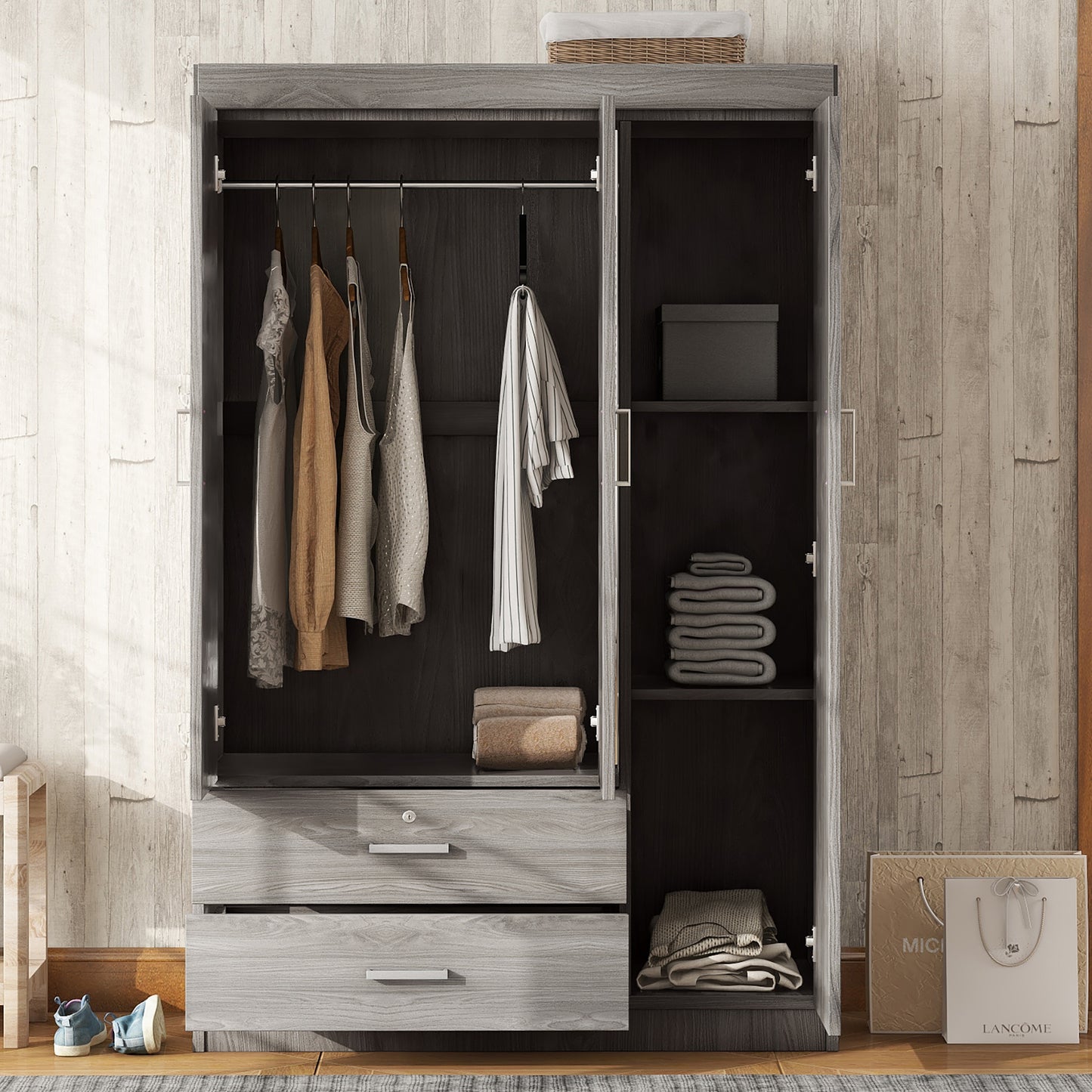 Melysen 3-Door Mirror Wardrobe with shelves, Gray