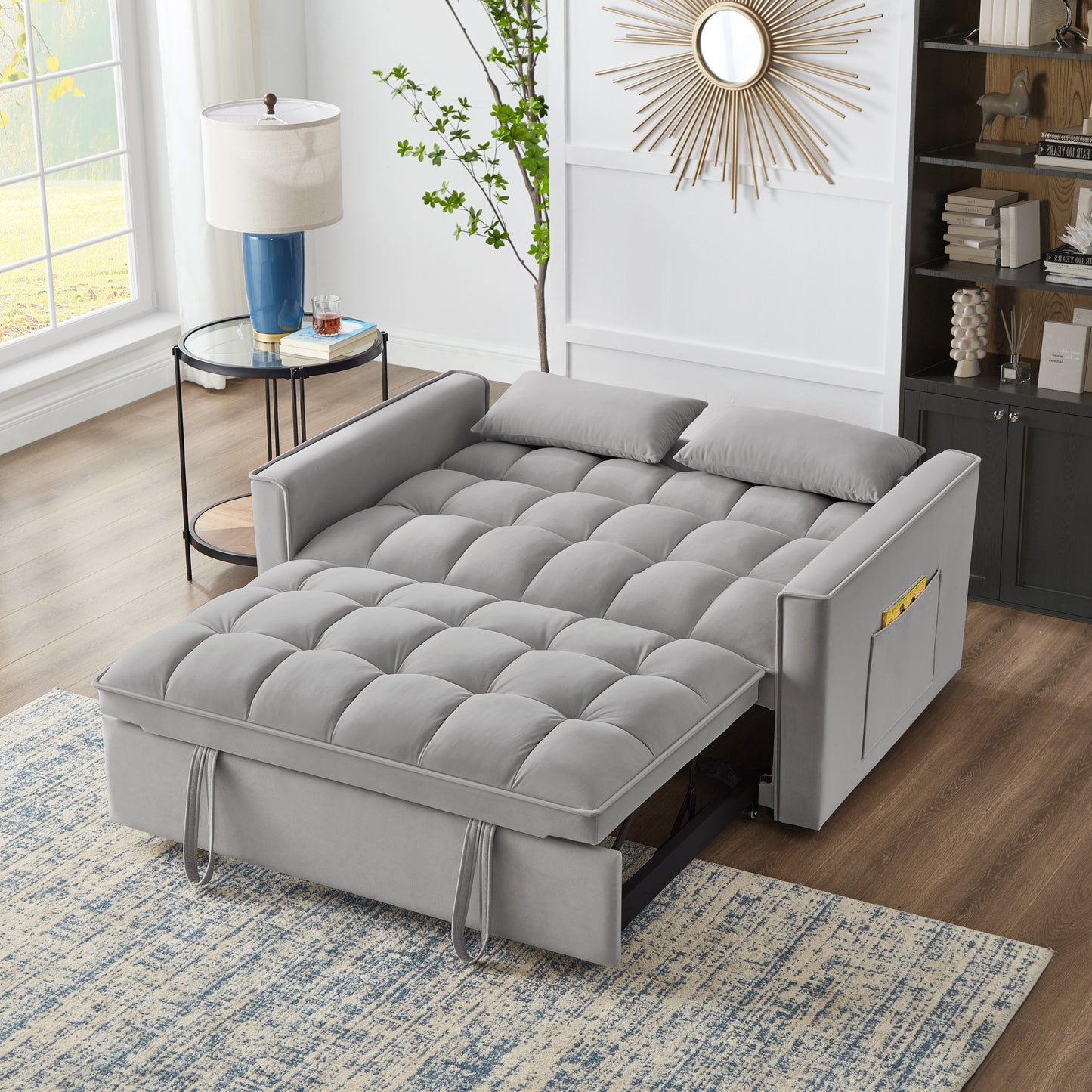 Melysen 4 in1 Loveseat Sofa Bed with Armrests & Storage Pockets, Multi-Function Tufted Pull-out Sofa Bed with Adjustable Backrest and Pillows, Convertible Loveseat Sofa Couchin