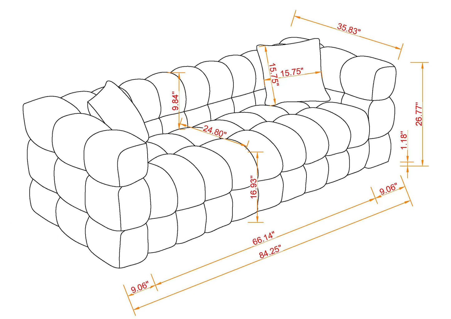 Melysen 84.3 "Modern Living Room Cotton Candy Sofa, 3-Seat Sofa, Olive Green.