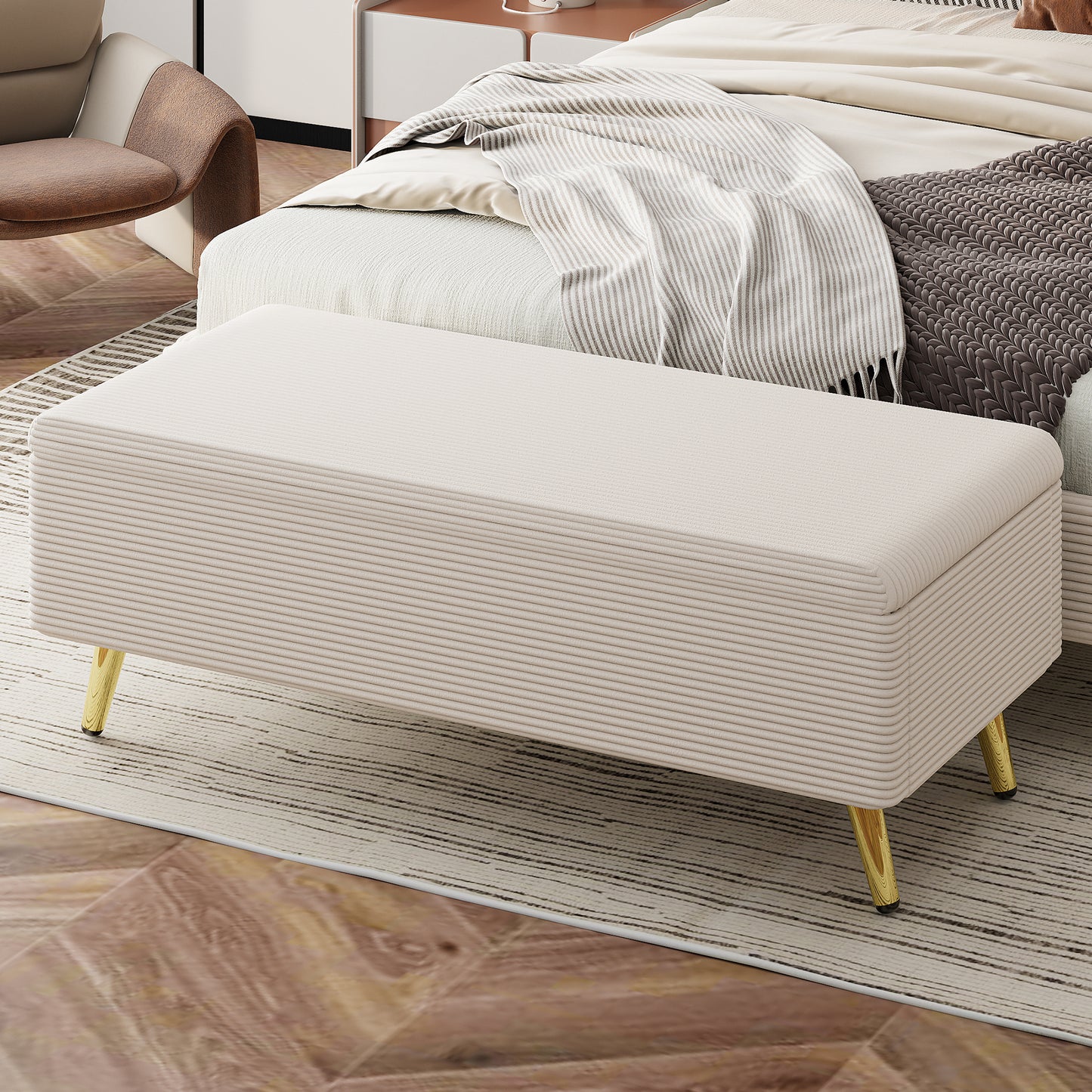 Melysen Modern Corduroy Upholstered Ottoman with Metal Legs, Storage Bench for Bedroom,Living Room