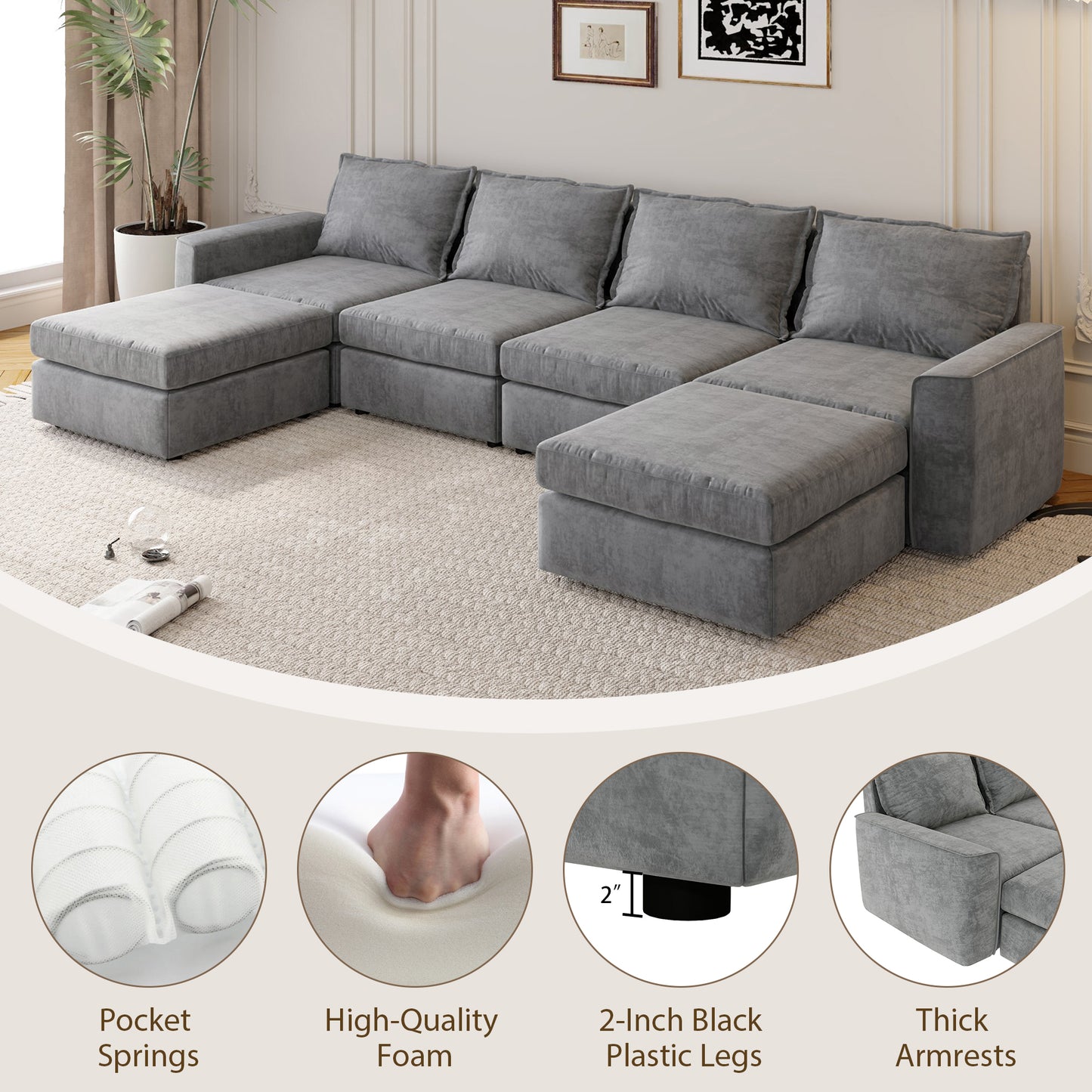 Melysen 115*58" Chenille Modular Sectional Sofa,U Shaped Reversible Couch,Free Combination,6 Seat Sleeper Sofa Bed with Ottoman,Convertible Oversized Indoor Furniture for Living Room,Gray