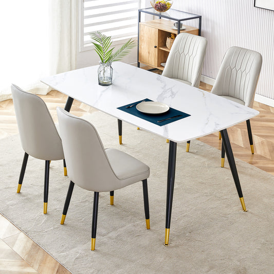 Melysen Modern Minimalist Dining Table. White Imitation Marble Pattern Sintered Stone Desktop with Black Metal Legs.Modern Dining Chair with Pu Artificial Leather Backrest Cushion and Black Metal Legs.004