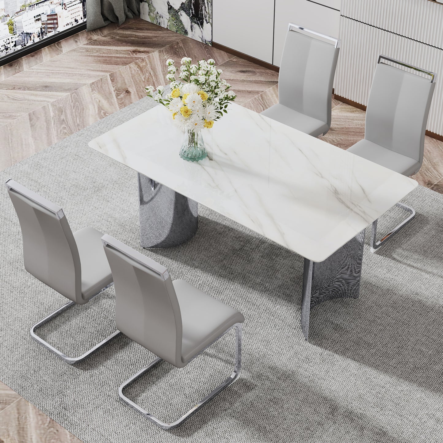 Melysen Modern Minimalist Dining Table. Imitation Marble Glass Sticker Desktop, Stainless Steel Legs, Stable and Beautiful. 4 Premium Pu Seats. 63" * 35.4" * 29.5"002