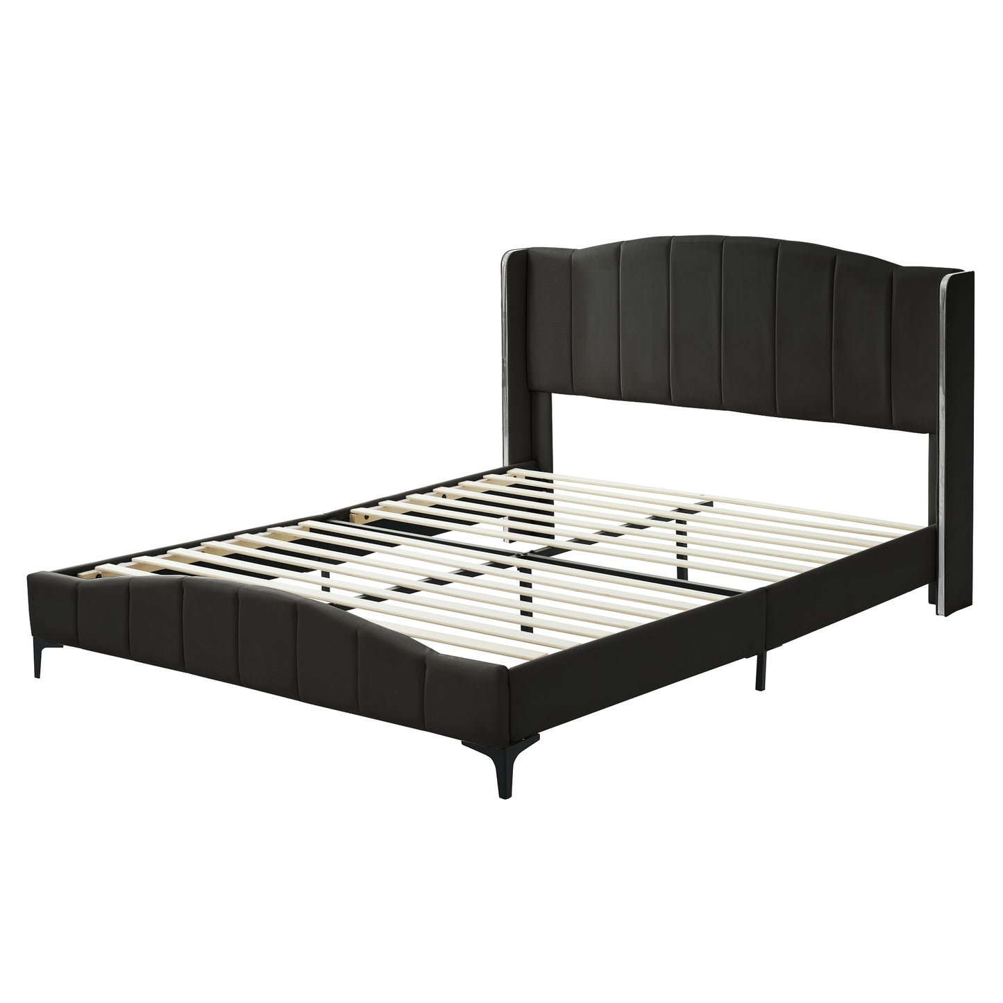 Melysen Queen Size PU Leather Upholstered Platform Bed, Headboard with Wingback and Metal Bar Accents