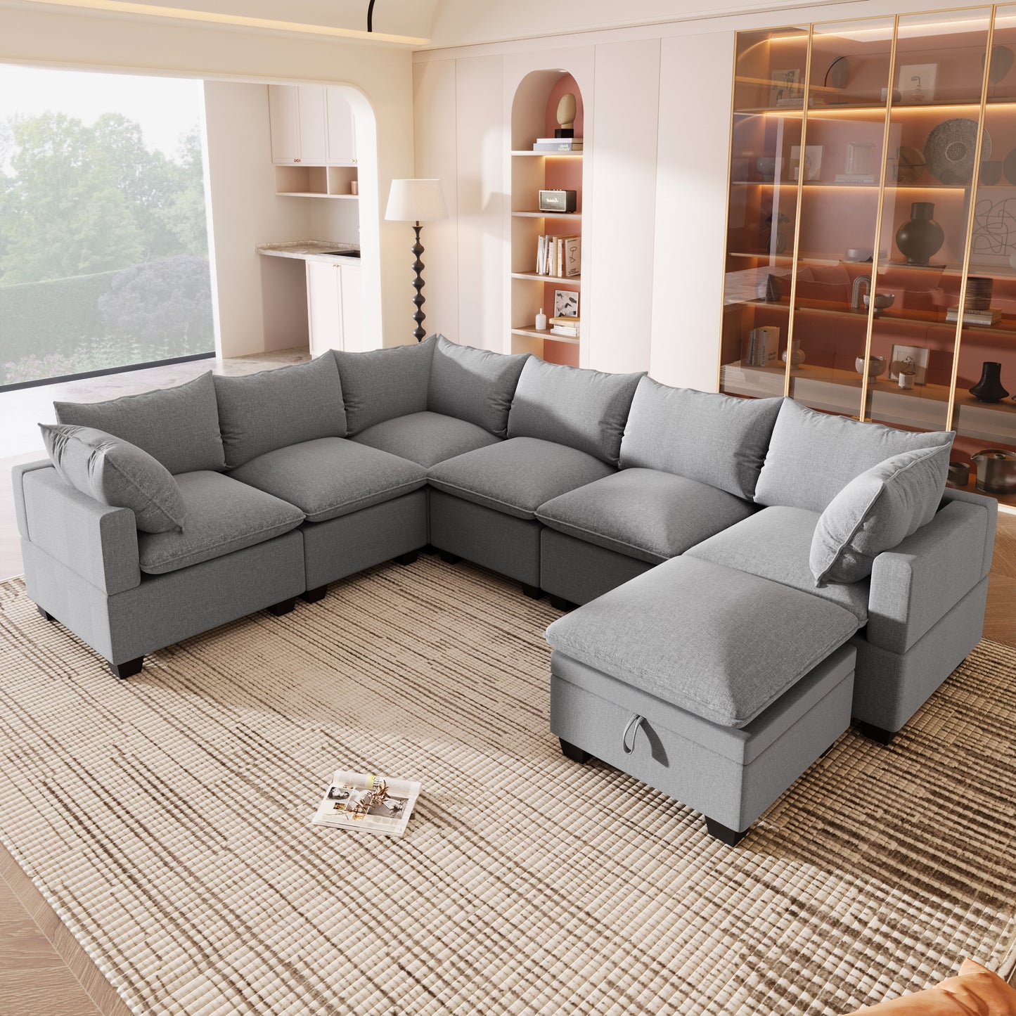 Melysen  120*93" Modern U Shape Modular Sofa with Storage Ottoman,Luxury 7 Seat Sectional Couch Set with 2 Pillows Included,Freely Combinable Indoor Funiture for Living Room, Apartment