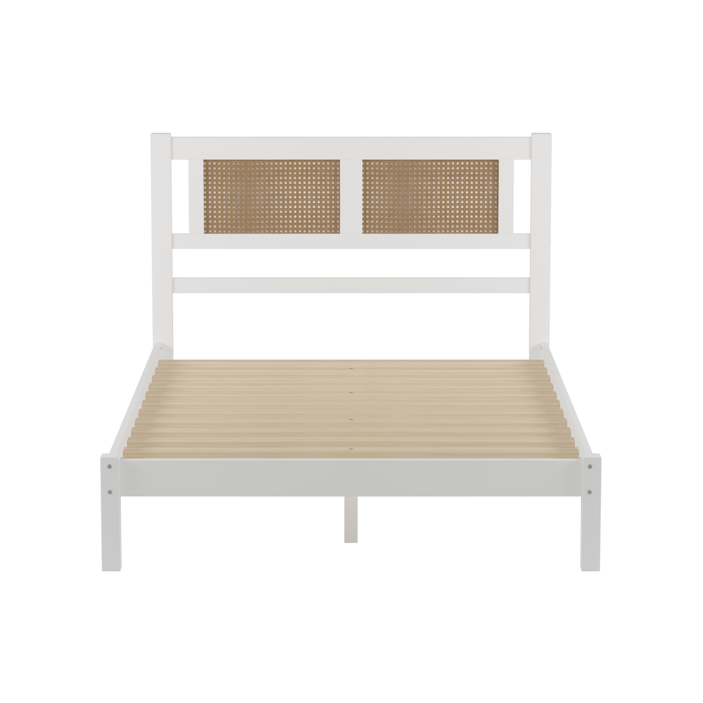 Melysen Full Size Wooden Platform Bed with Natural Rattan Headboard, Exquisite Elegance with Minimalist Charm for Bedroom