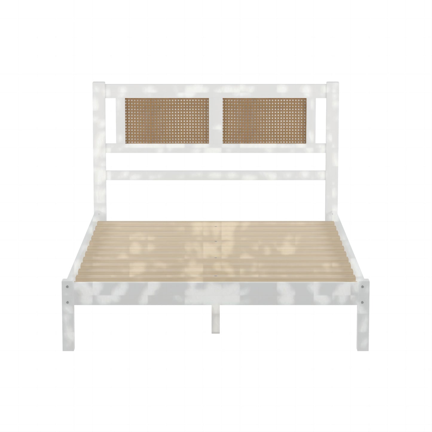 Melysen Full Size Wooden Platform Bed with Natural Rattan Headboard, Exquisite Elegance with Minimalist Charm for Bedroom